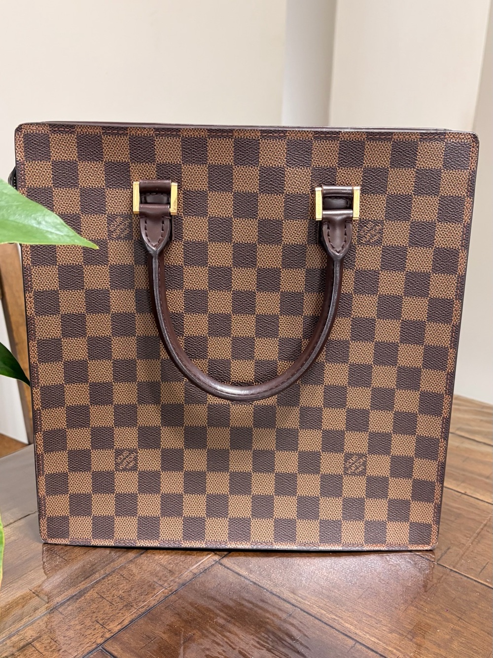Brown Checkered Top-Handle Tote Bag